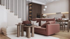 projekt wnętrza domu w zabudowie szeregowej w Rzeszowie, styl japandi, beżowa baza, akcenty bordo i brązu