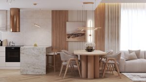 salon z jadalnią w stylu modern classic, beżowa sofa, drewniany stół, złote lampy, projekt wnętrza domu w Rymanowie dla młodego małżeństwa