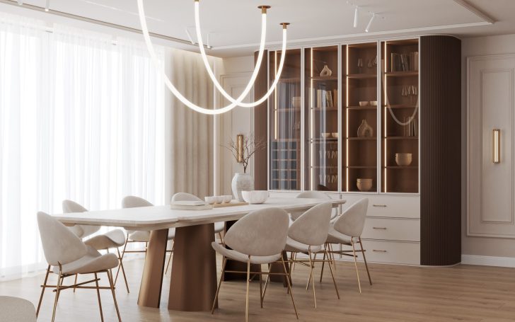 widok na część dzienną parterowego domu, modern classic, harmonijne beże, naturalne drewno, funkcjonalny układ