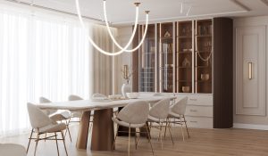 salon z wysokim sufitem, duże okna, beżowa sofa, eleganckie oświetlenie, dom parterowy we Wyżnym